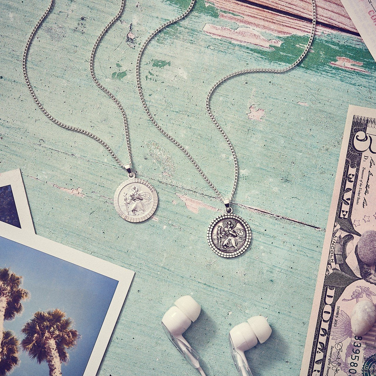 St Christopher Mosaic Border Silver Necklace - Mens & Ladies Silver Saint Christopher Pendant