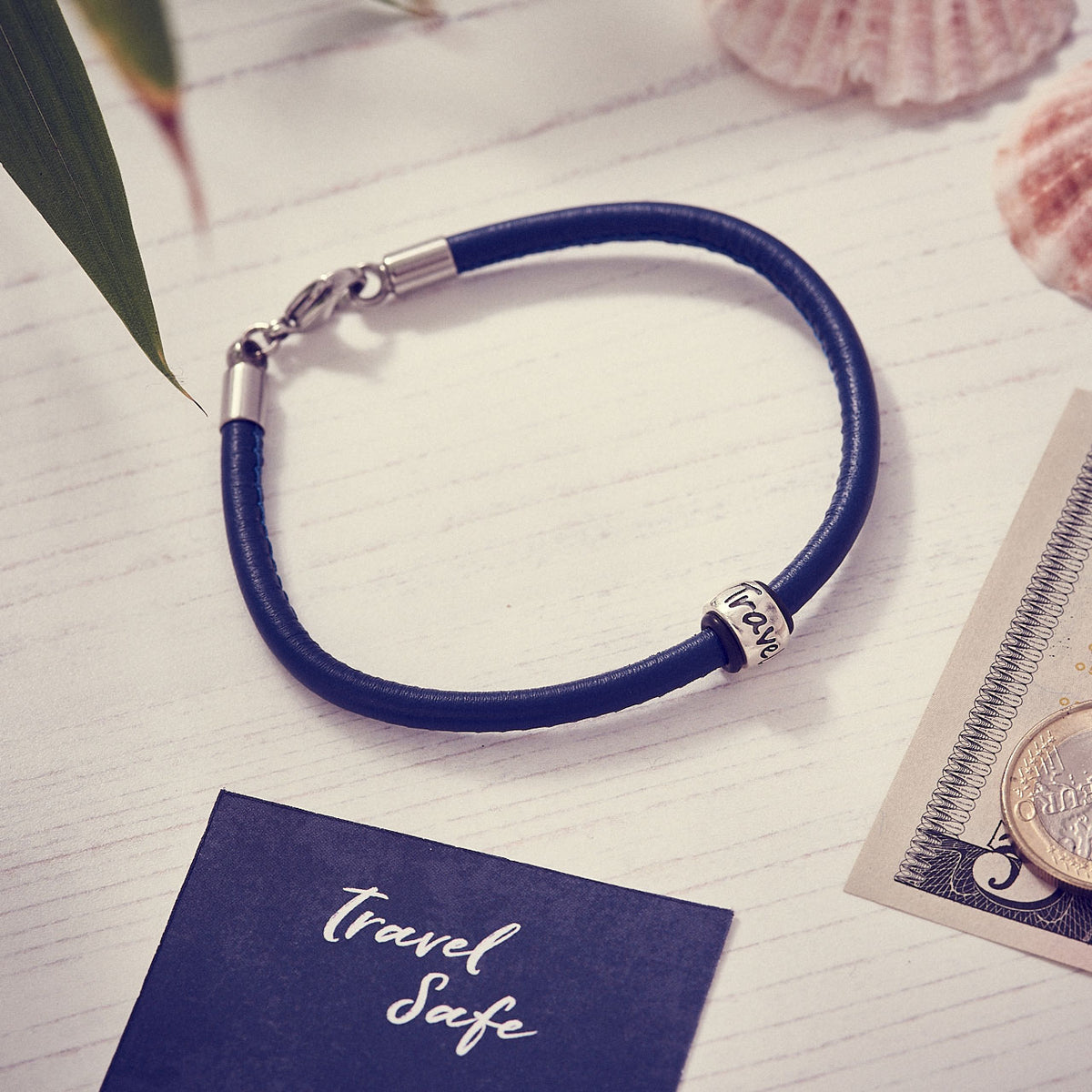 Travel Safe Silver &amp; Italian Stitched Leather Bracelet Navy Blue - alternative travel gift from Off The map Brighton