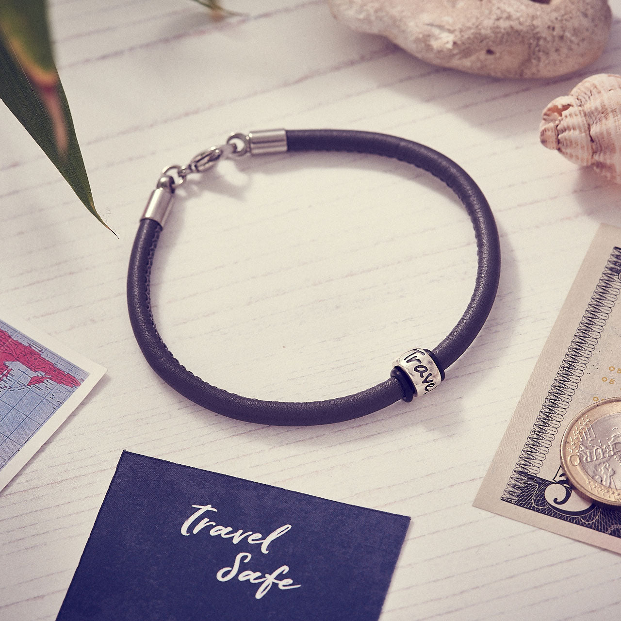 Travel Safe Silver & Italian Stitched Leather Bracelet Black - alternative travel gift from Off The map Brighton