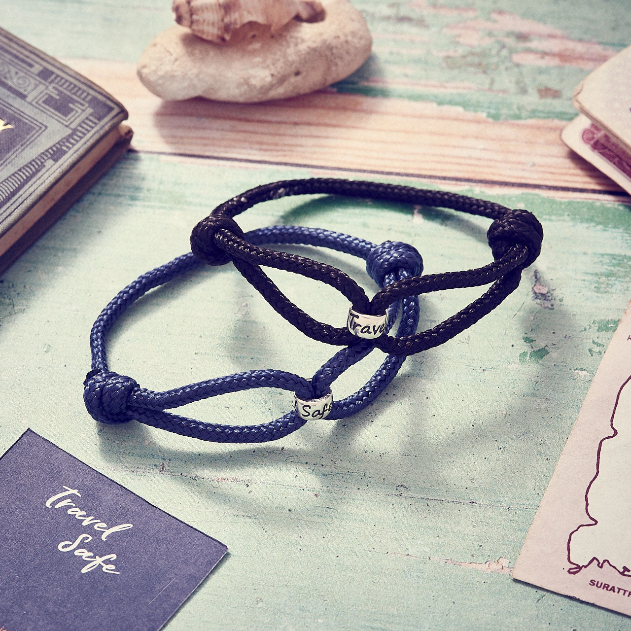 Travel Safe Vegan Paracord Silver Charm Bracelet for men & women - alternative to a St Christopher bracelet from Off the Map Jewellery