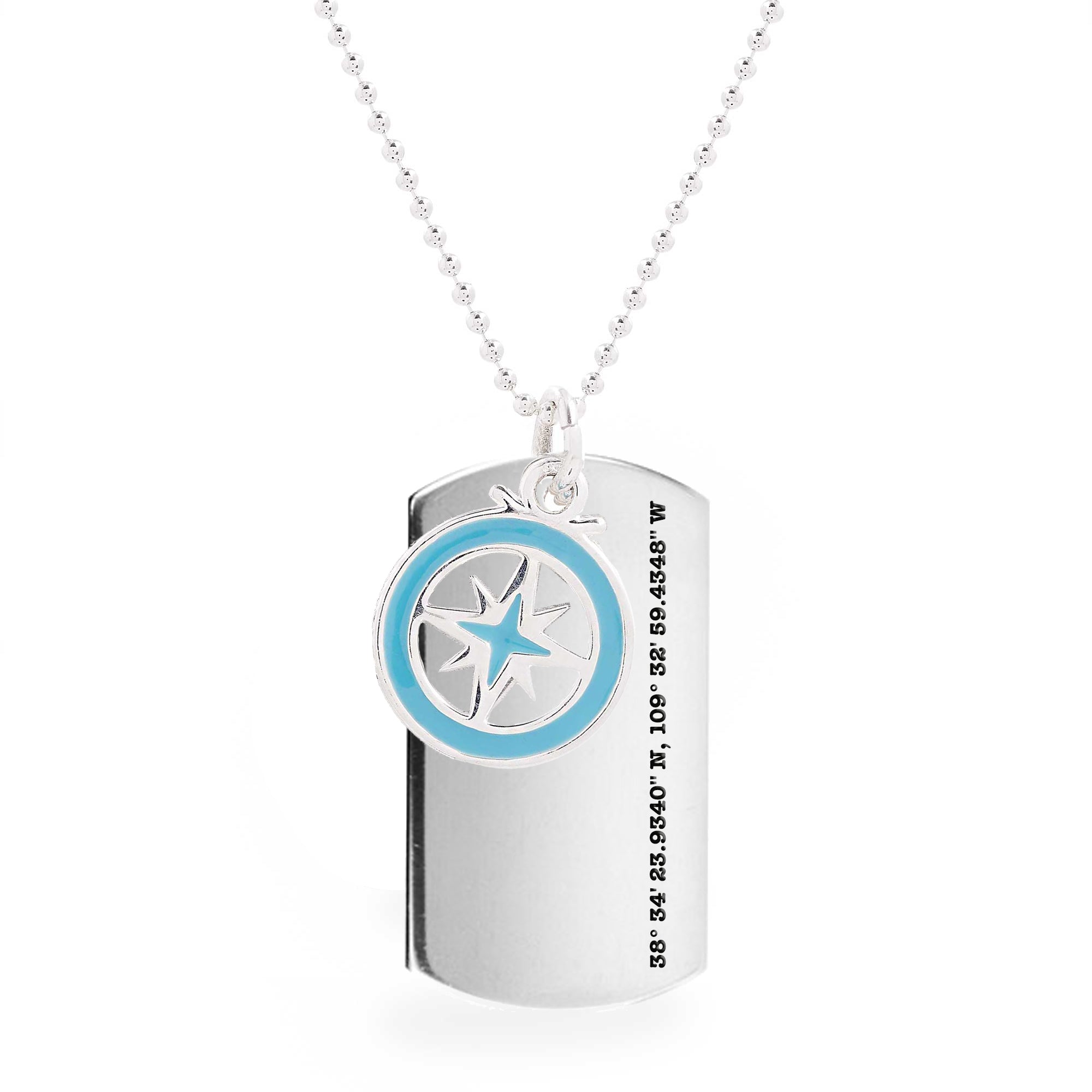X-L Recycled Silver Dog Tag  Necklace With Enamel Compass