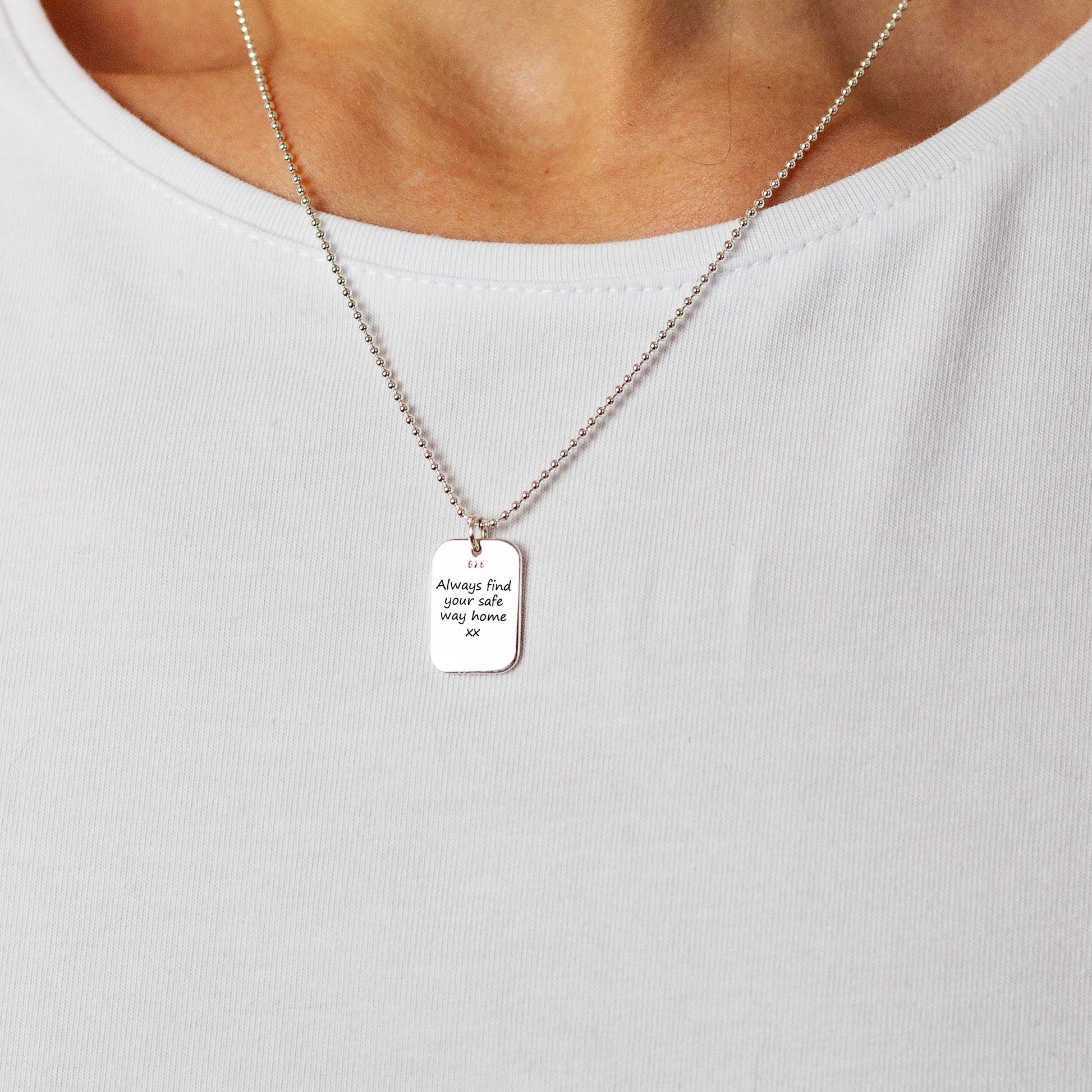 silver small dog tag mens necklace engraved stay safe
