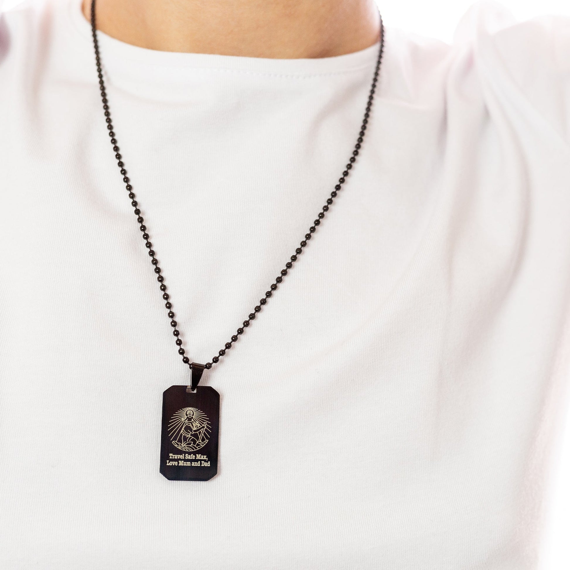 black steel dog tag saint christopher necklace off the map jewellery