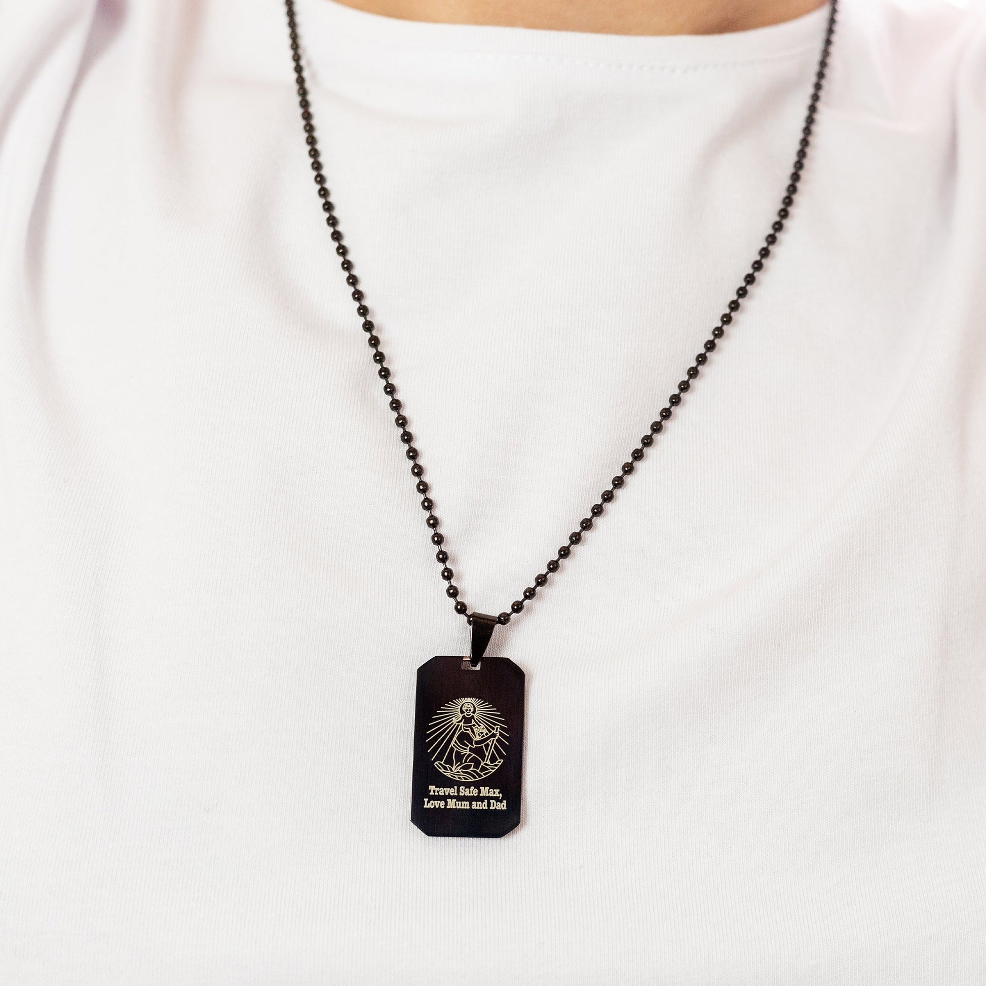 black steel dog tag saint christopher necklace off the map jewellery