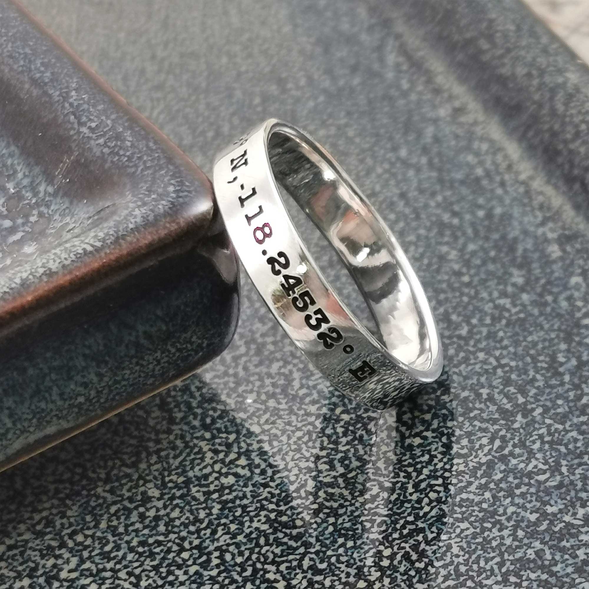 skinny sterling silver band ring engraved coordinates latitude longitude custom destination
