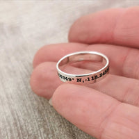 skinny sterling silver band ring engraved coordinates latitude longitude custom destination