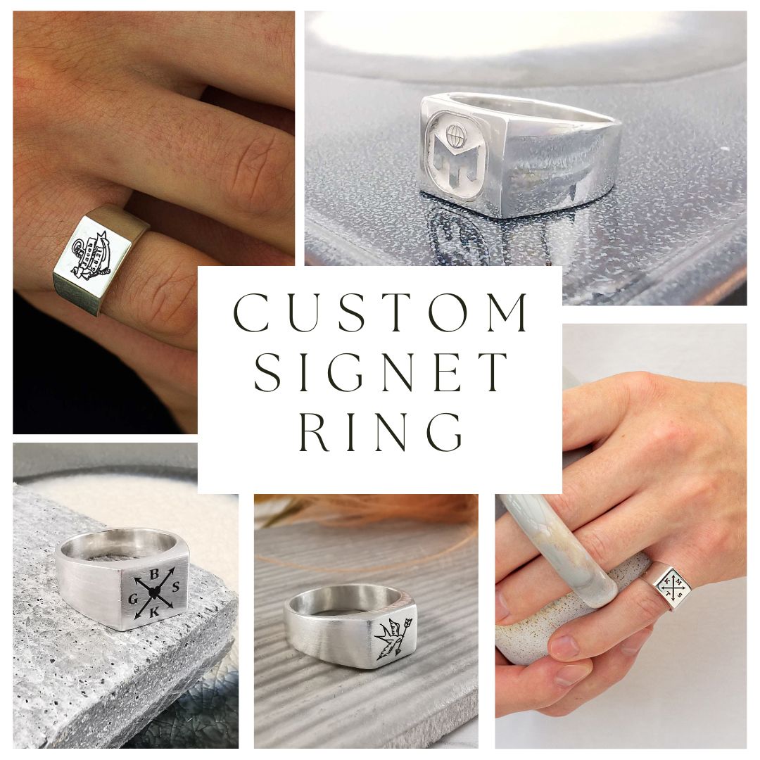 custom mens silver signet ring bespoke engraving logo symbols heart arrows