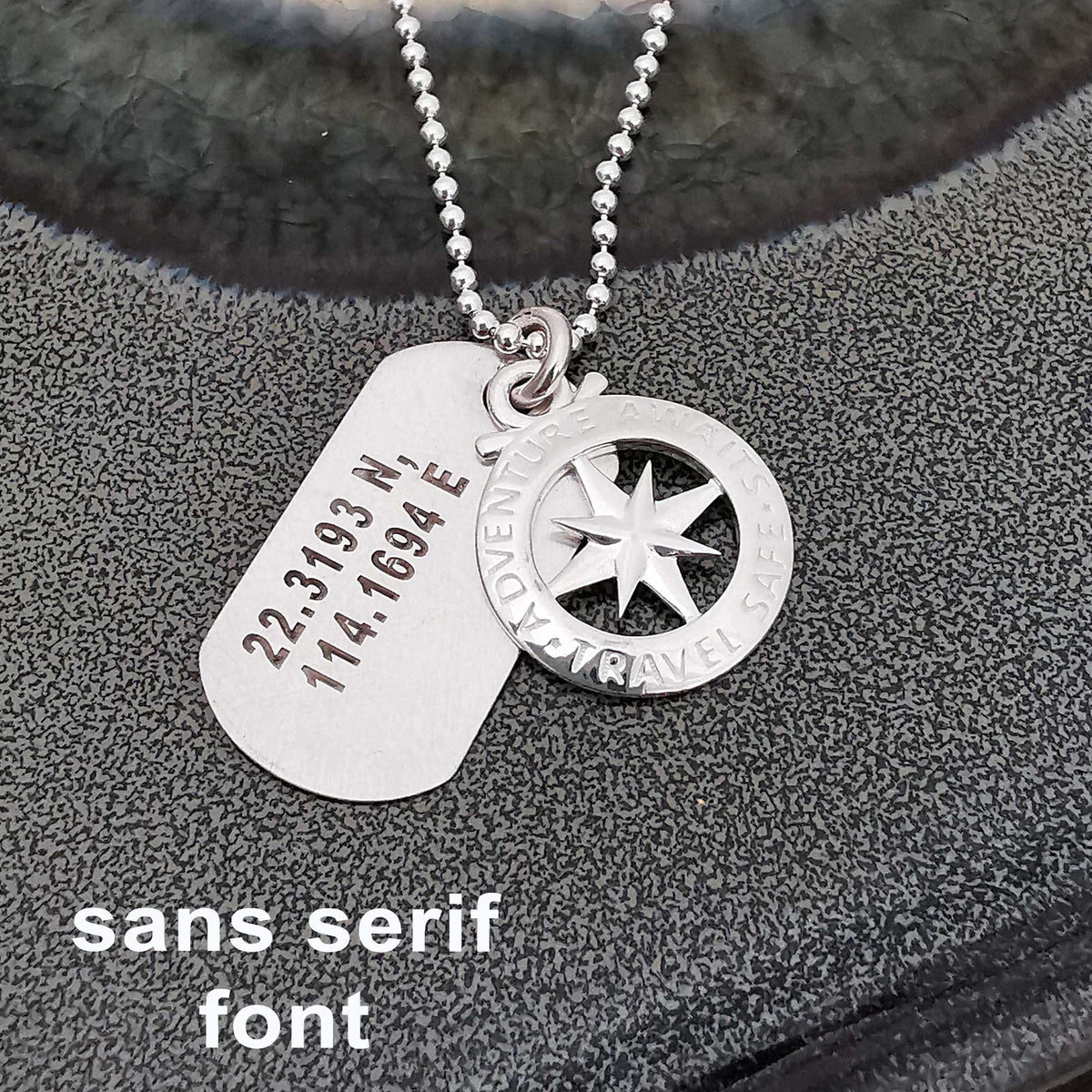 script font engraved dog tag travel safe necklace travel gift present coordinates custom engraved