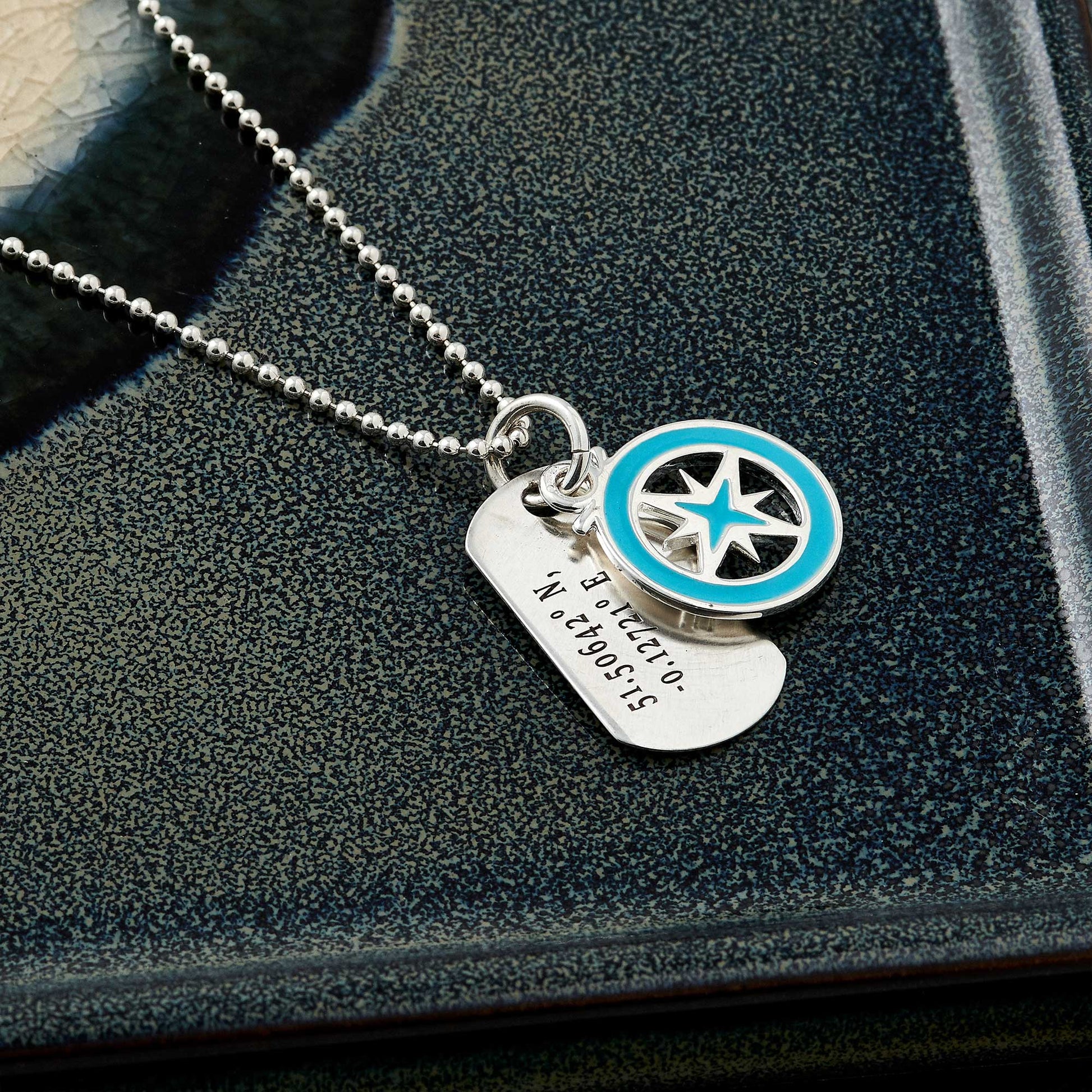 dog tag with travel coordinates engraved with compass enamel pendant mens gift necklace