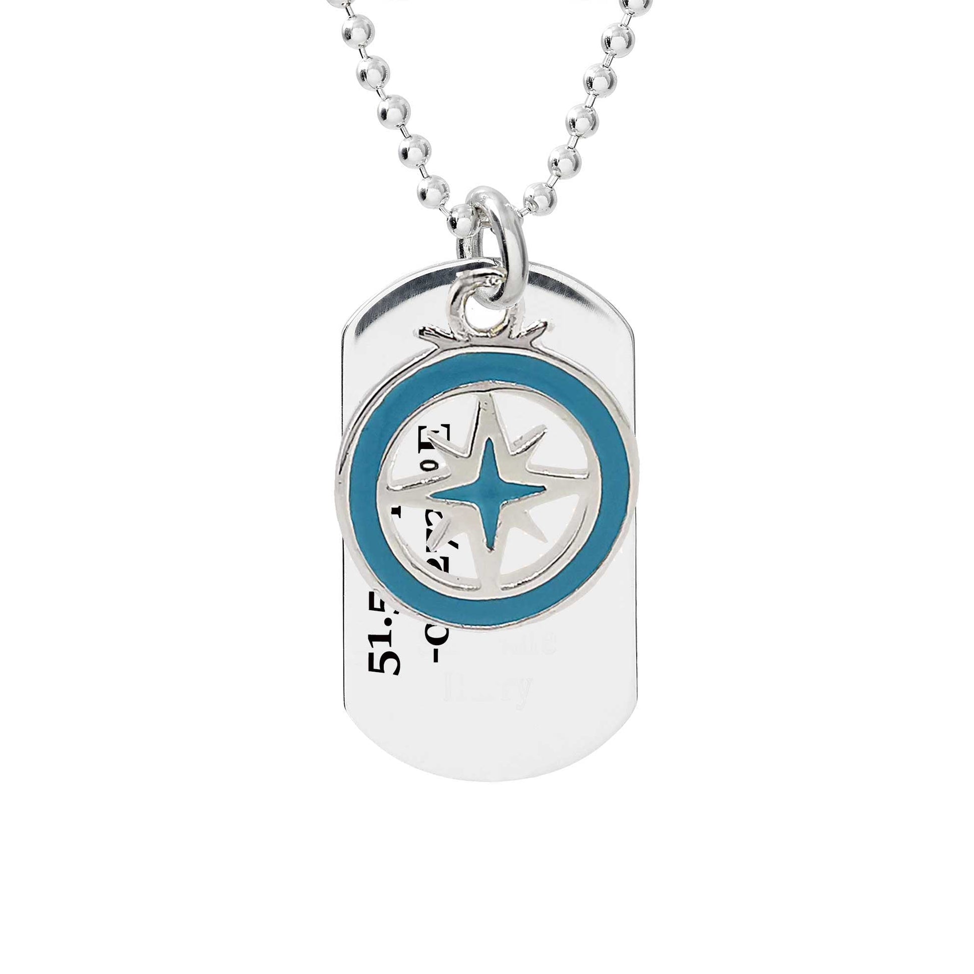 dog tag with travel coordinates engraved with compass enamel pendant mens gift necklace