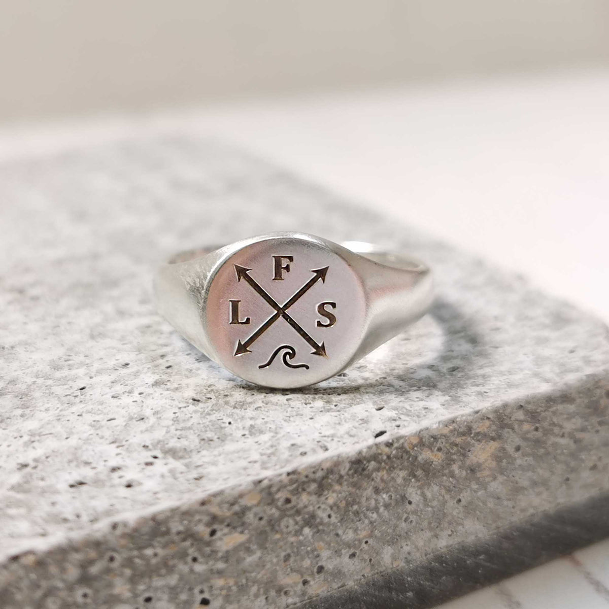 wave symbol initials silver signet ring