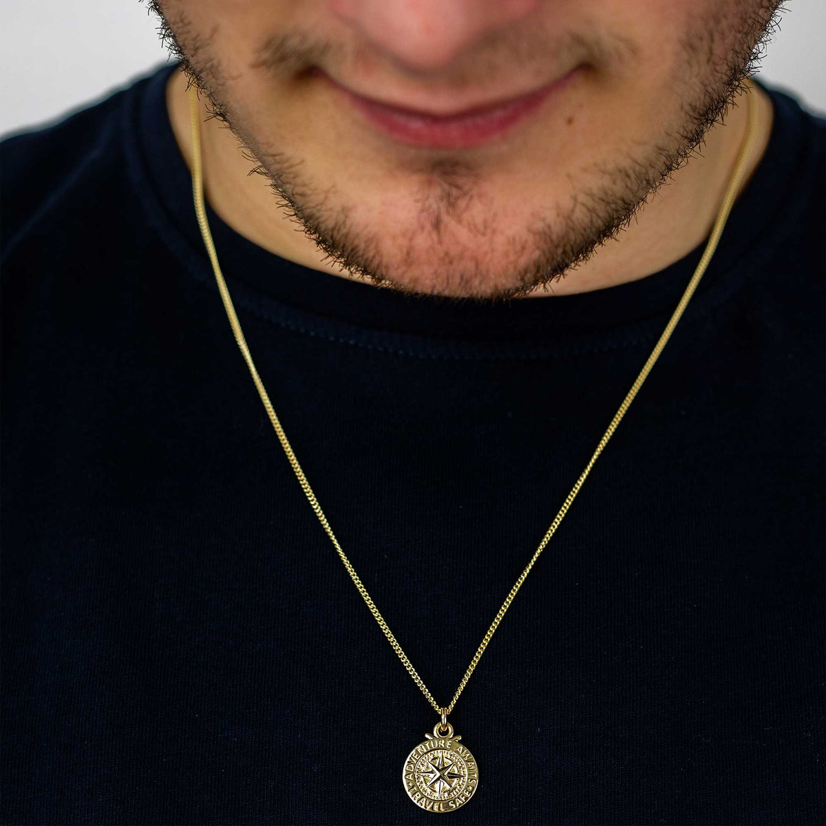 mens gold compass necklace travel gift 18th 21st birthday solid gold pendant Saint Christopher