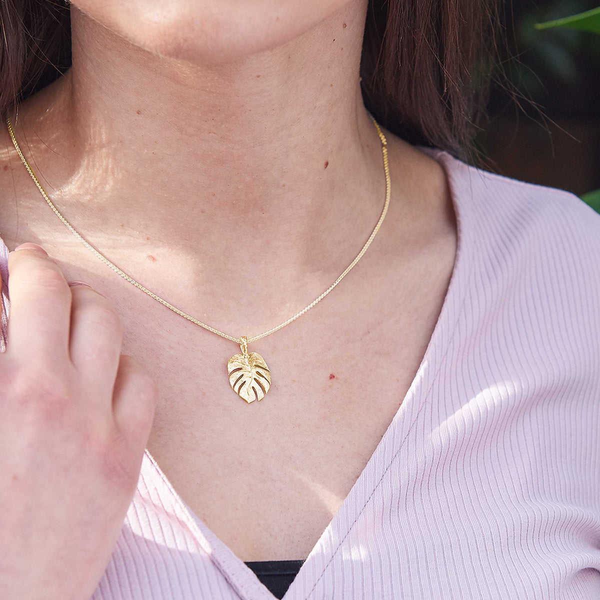 gold vermeil monstera palm leaf necklace scarlett jewellery UK