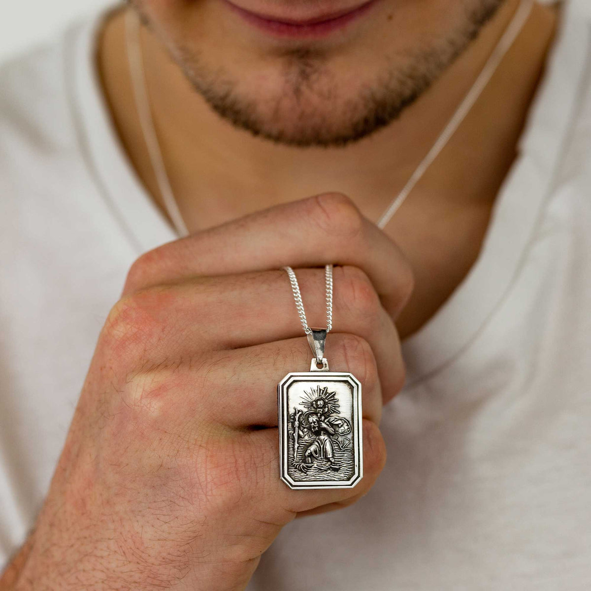 mens silver dog tag saint christopher necklace bespoke inscription solid silver 21st 18th birthday gift