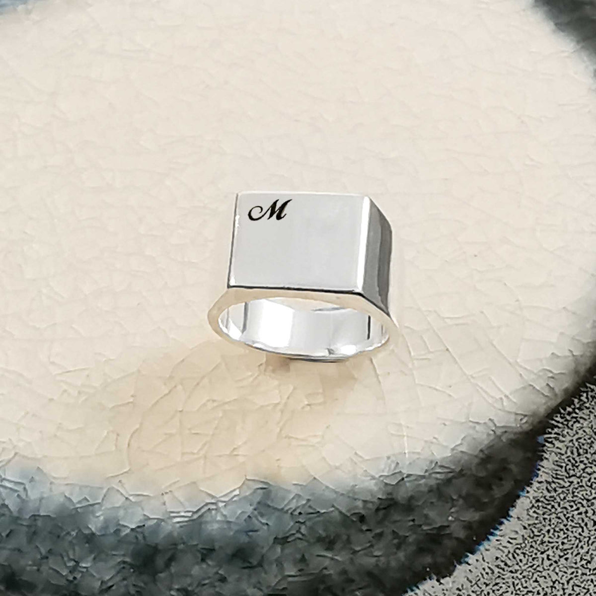 silver signet ring bespoke personalised engrave with script monogram initials mans pinky ring gift for son grandson