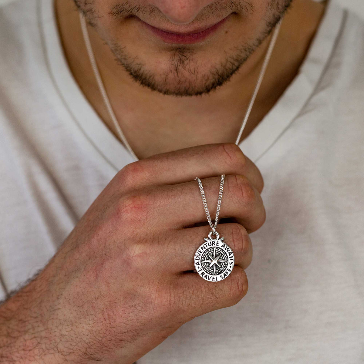 large compass mens necklace travel safe adventure awaits bespoke engraved recycled silver