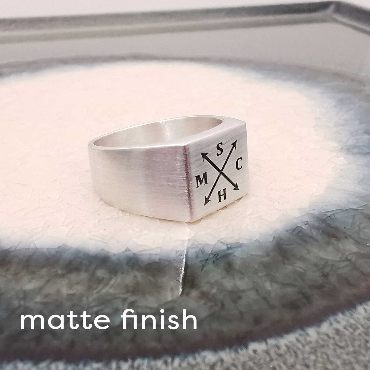 matte satin finish engraved mens square signet ring