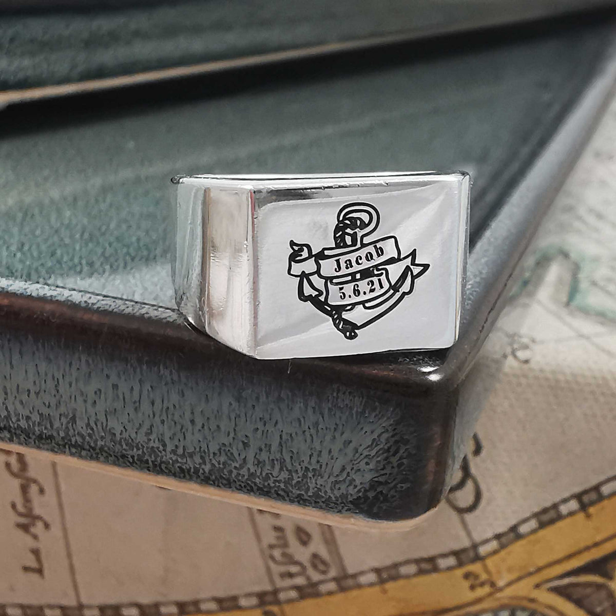 custom mens silver signet ring bespoke engraving anchor and name date off the map jewellery
