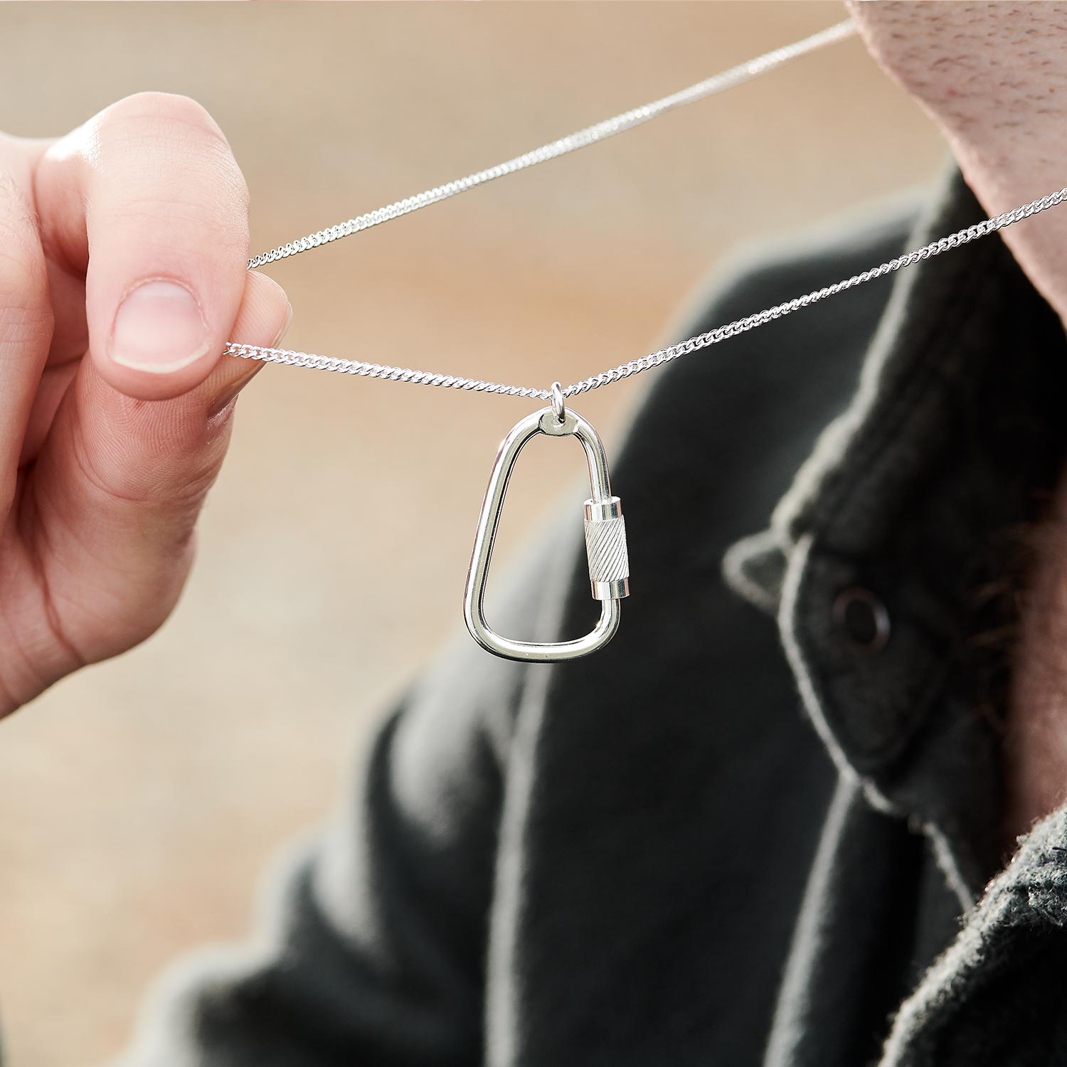 Climbing Carabiner Silver Necklace - men's climbing pendant 