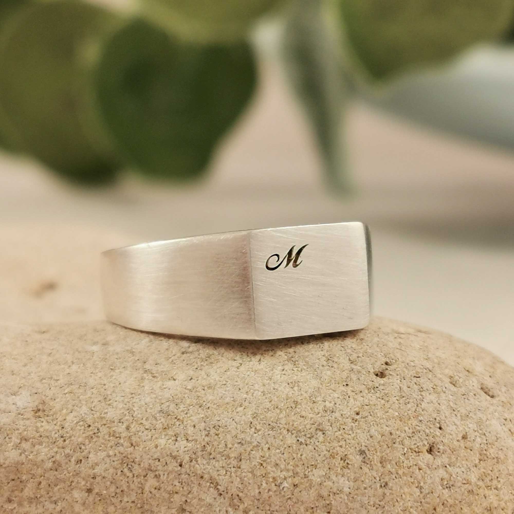Script Initial Personalised Square Silver Signet Ring