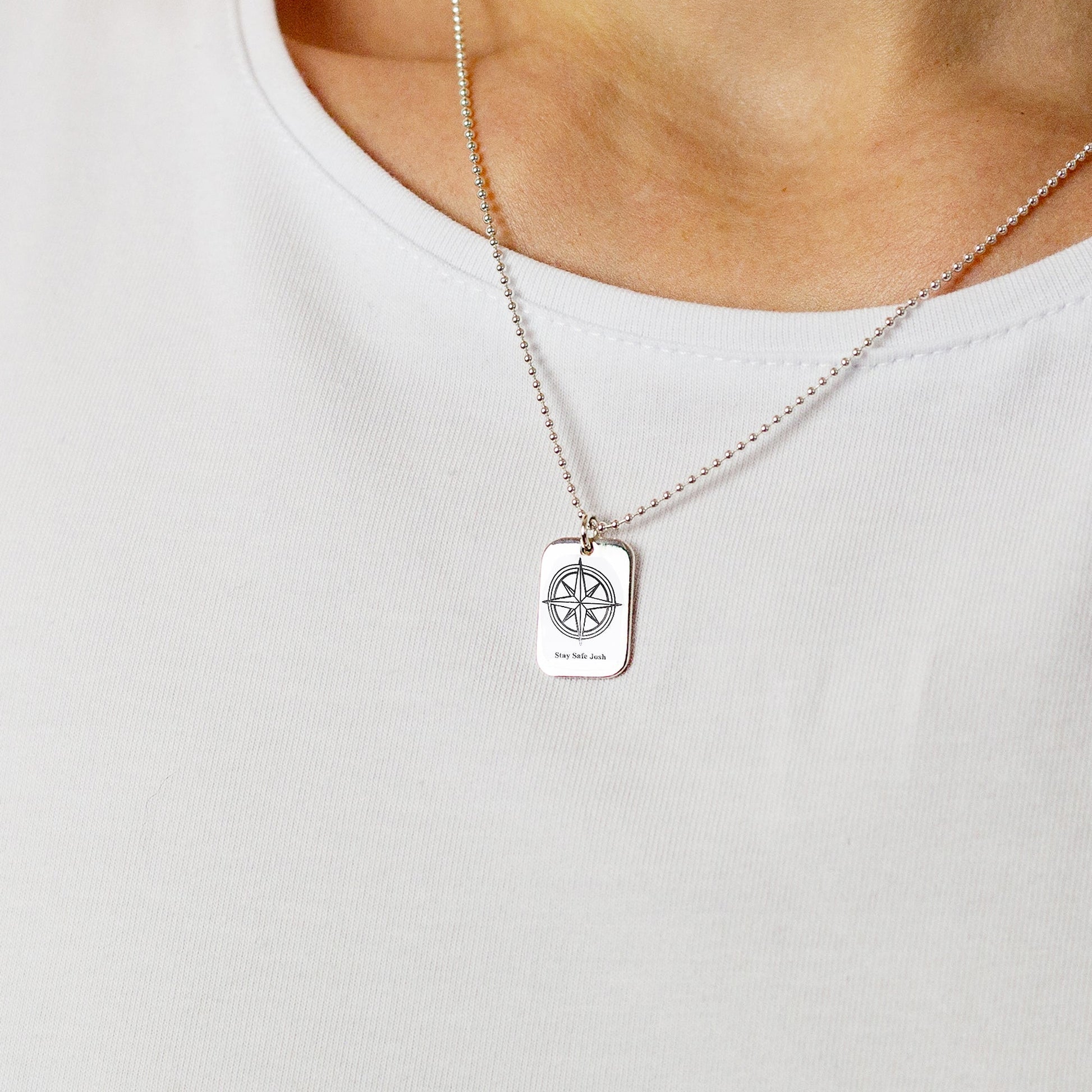 silver small dog tag mens necklace engraved stay safe