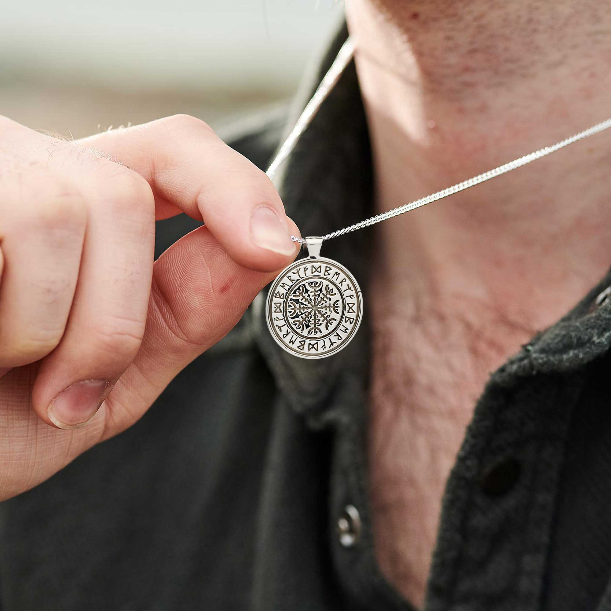 Chunky men's silver Viking nordic travel rune necklace engraved with travel protection freedom rune symbols from Off The Map Jewellery