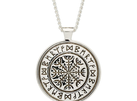 Chunky mens silver viking rune necklace engraved with travel protection freedom nordic rune symbols off the map jewellery