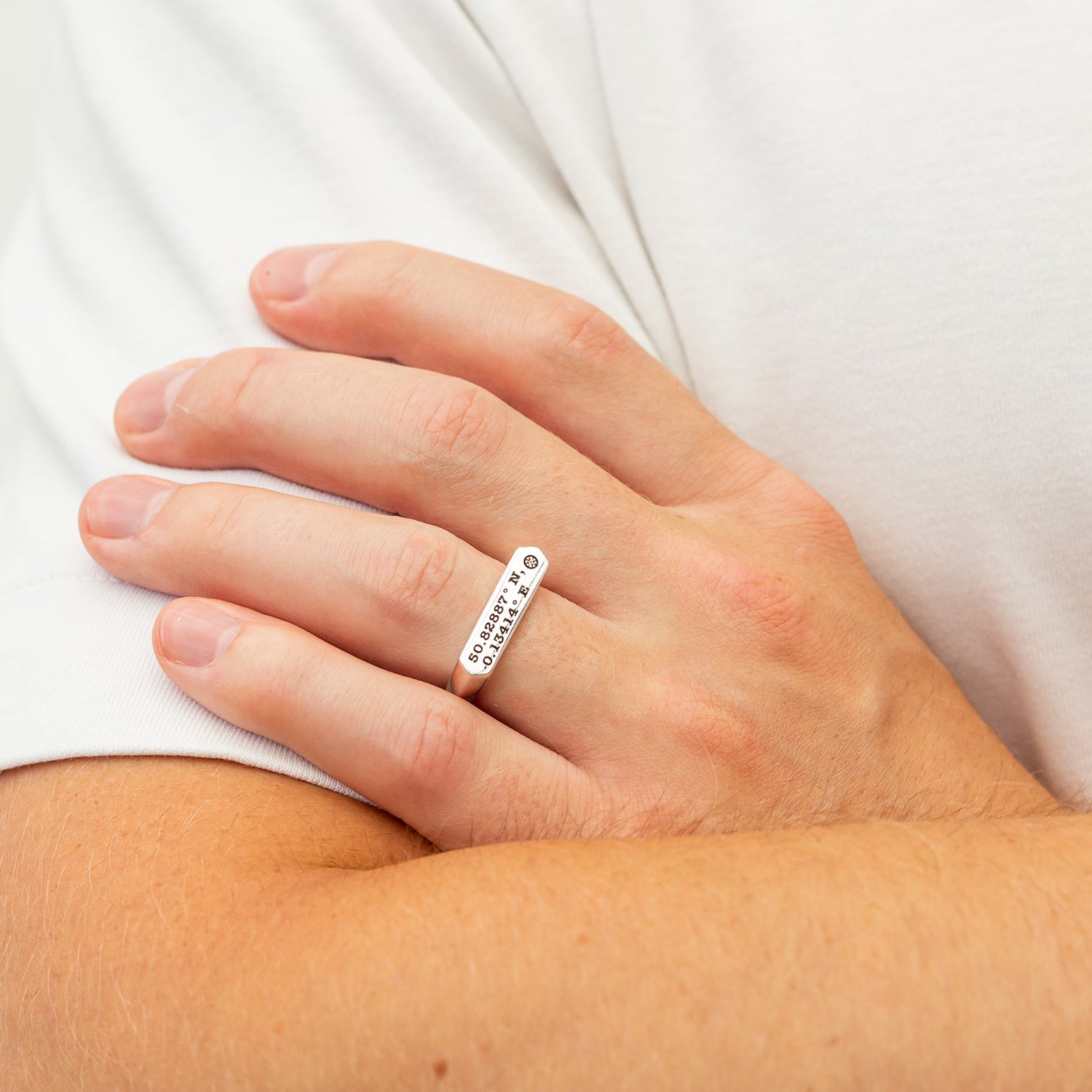 custom co-ordinates latitude longitde hexagon bar silver signet ring