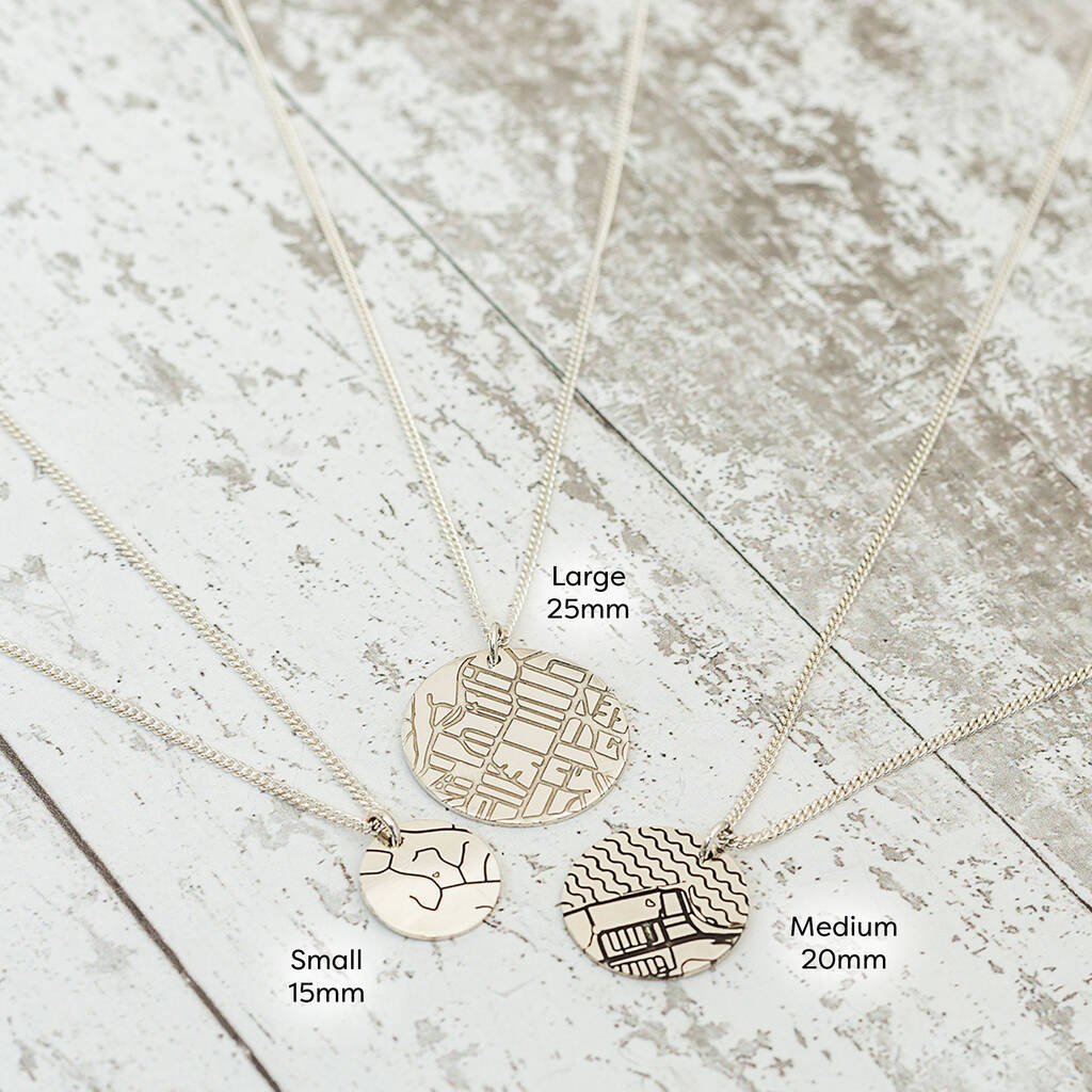 custom street map bespoke necklace engraved with location of home solid sterling silver off the map jewellery UK