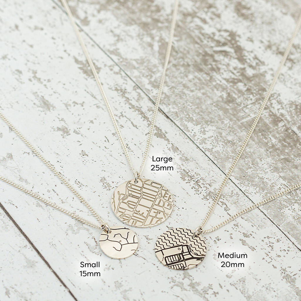 custom street map bespoke necklace engraved with location of home solid sterling silver off the map jewellery UKcustom street map silver disc necklace off the map jewellery gift for man leaving home