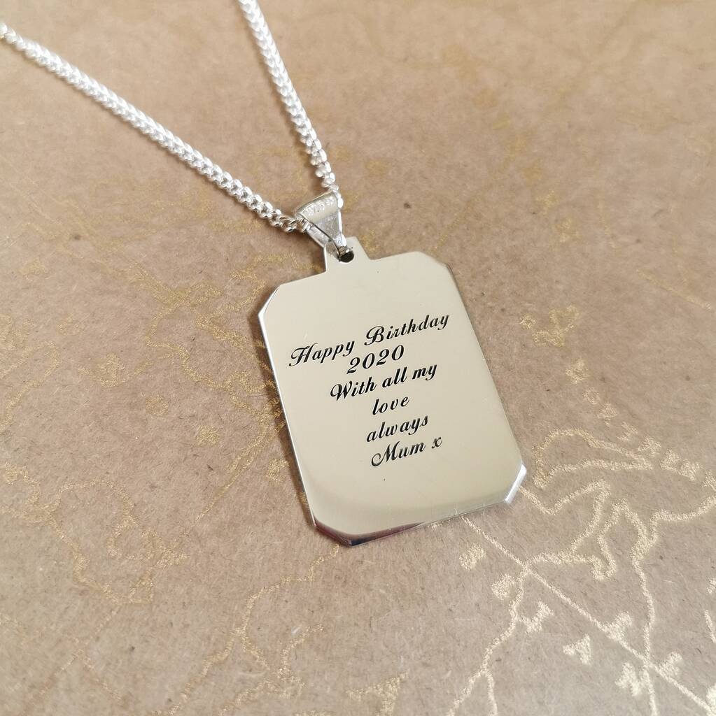 engraving script font on back of mens st christopher dog tag