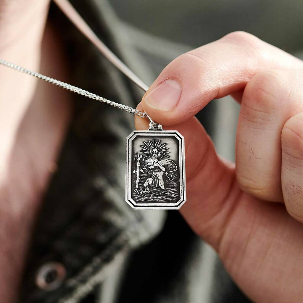 solid silver saint christopher rectangle necklace dog tag style made in Uk Scarlett Jewellery