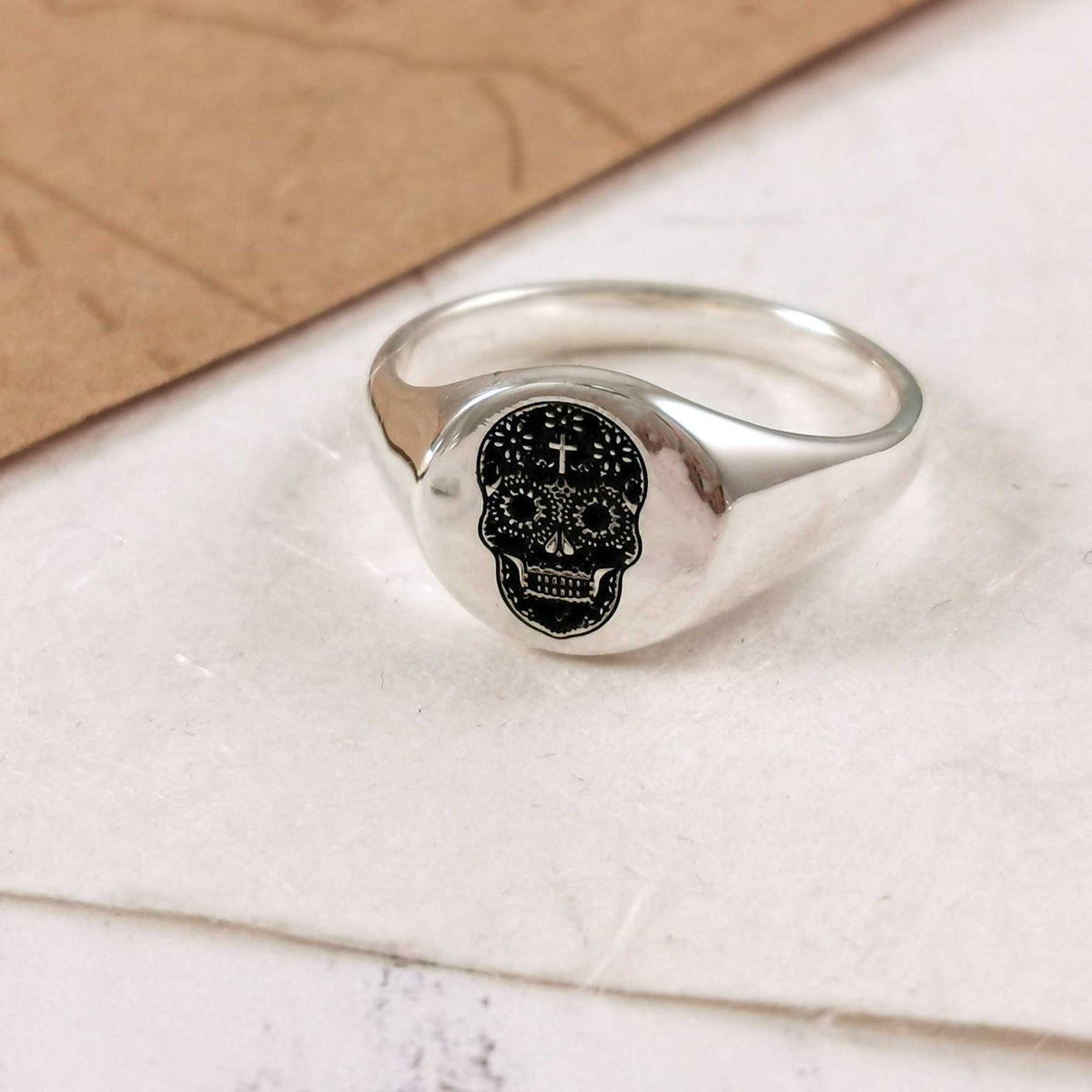 mens silver sugar skull signet ring day of the dead jewellery design scarlett Jewellery Off The Map
