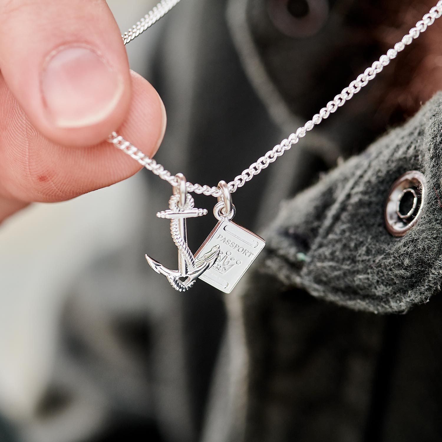 silver anchor and passport necklace off the map jewellery