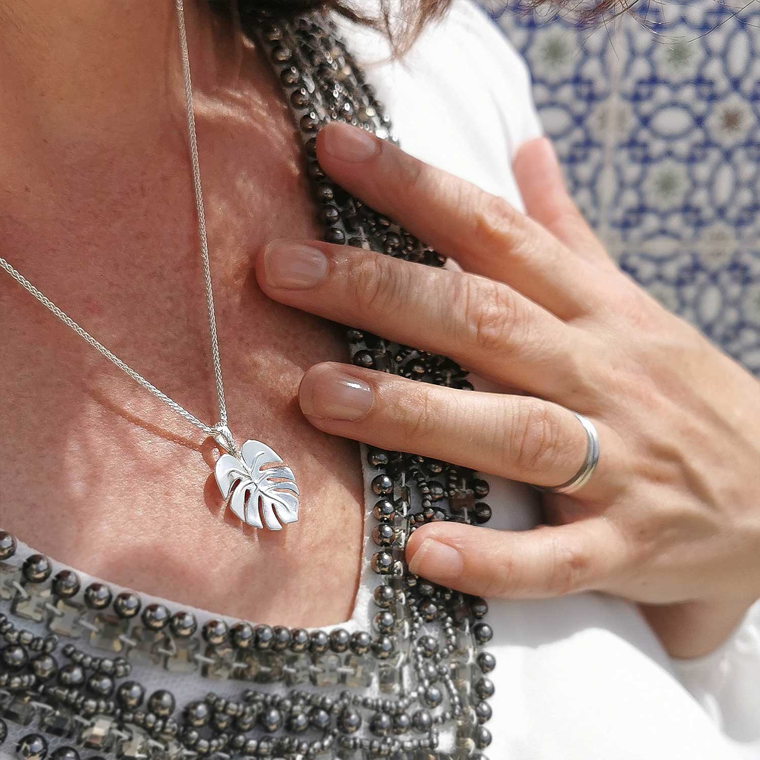 Monstera Palm Leaf Silver Necklace Scarlett Jewellery Tropical Pendant
