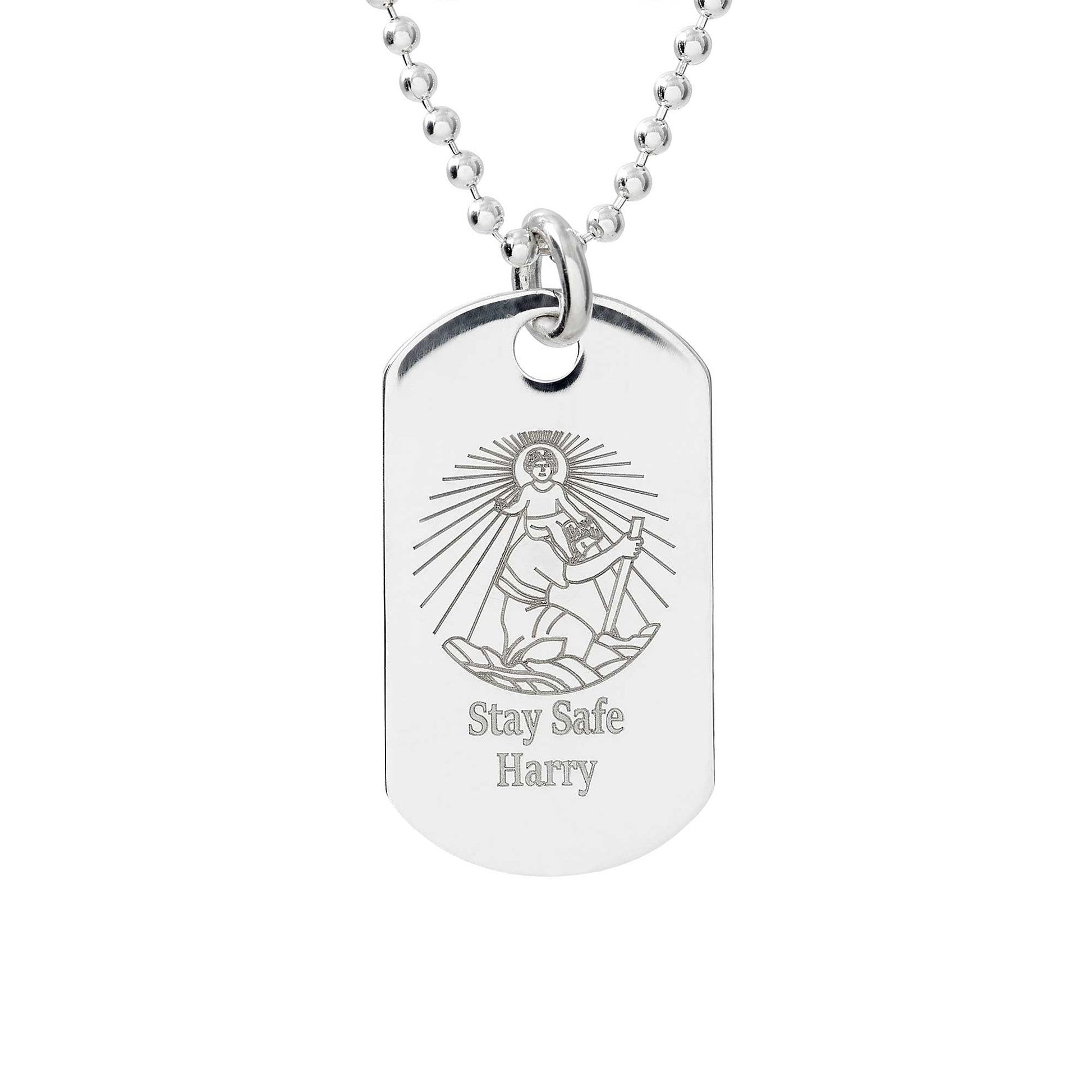 skinny silver dog tag st christopher necklace personalised mens gift name stay safe ball chain off the map travel jewellery
