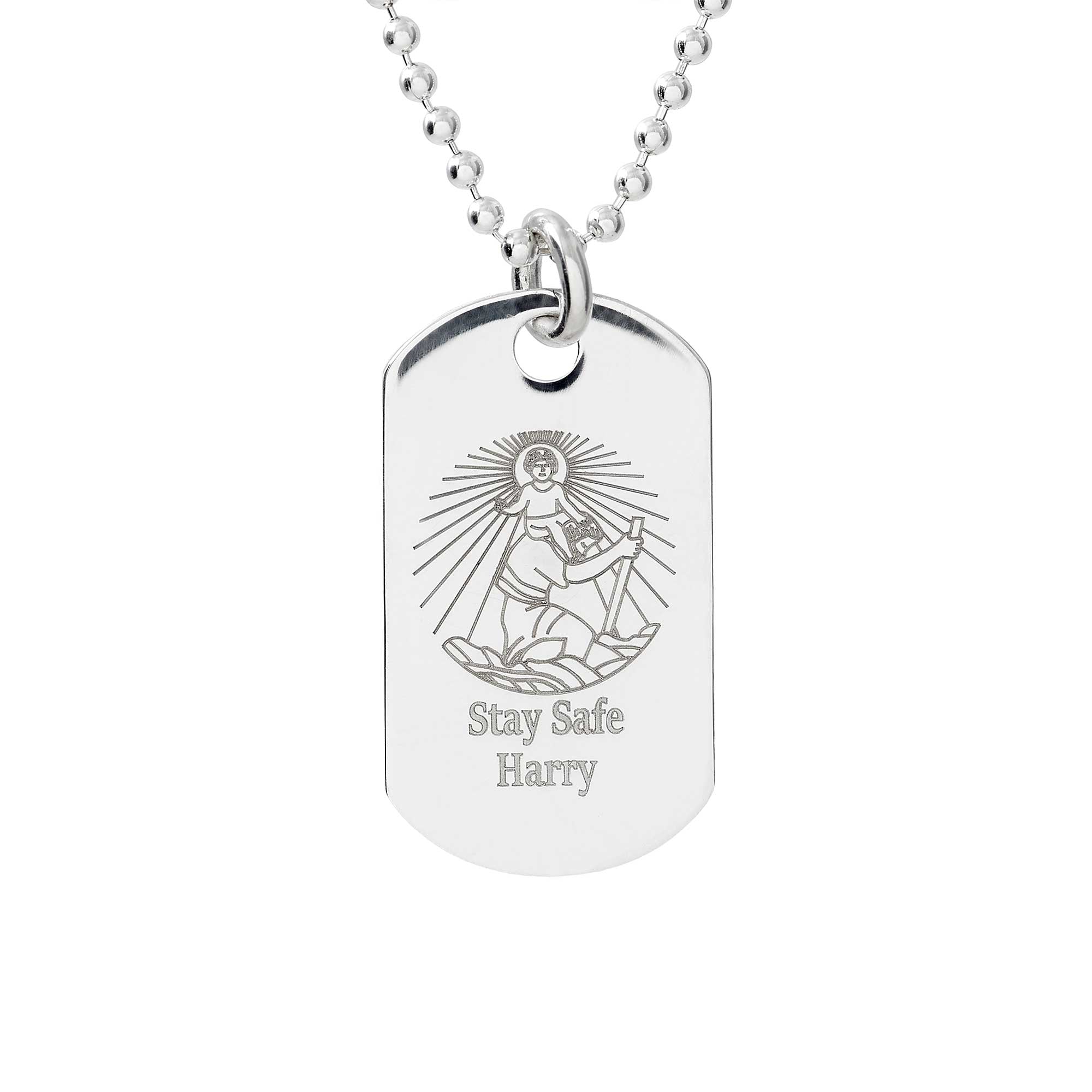 Personalised Skinny Dog Tag St Christopher Silver Necklace Off