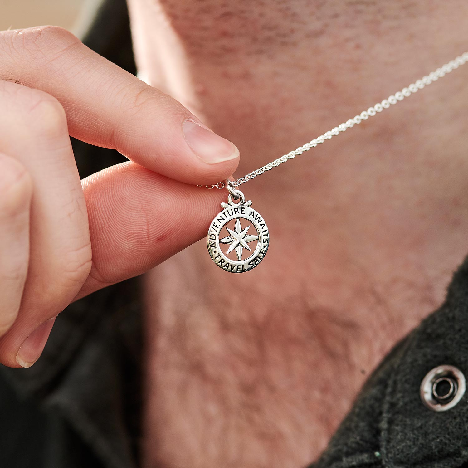 Small compass silver necklace for a man, travel gift from Off The Map Jewellery