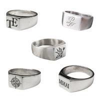 custom engraved mens silver signet ring logo symbol family crest handwriting compass swallow