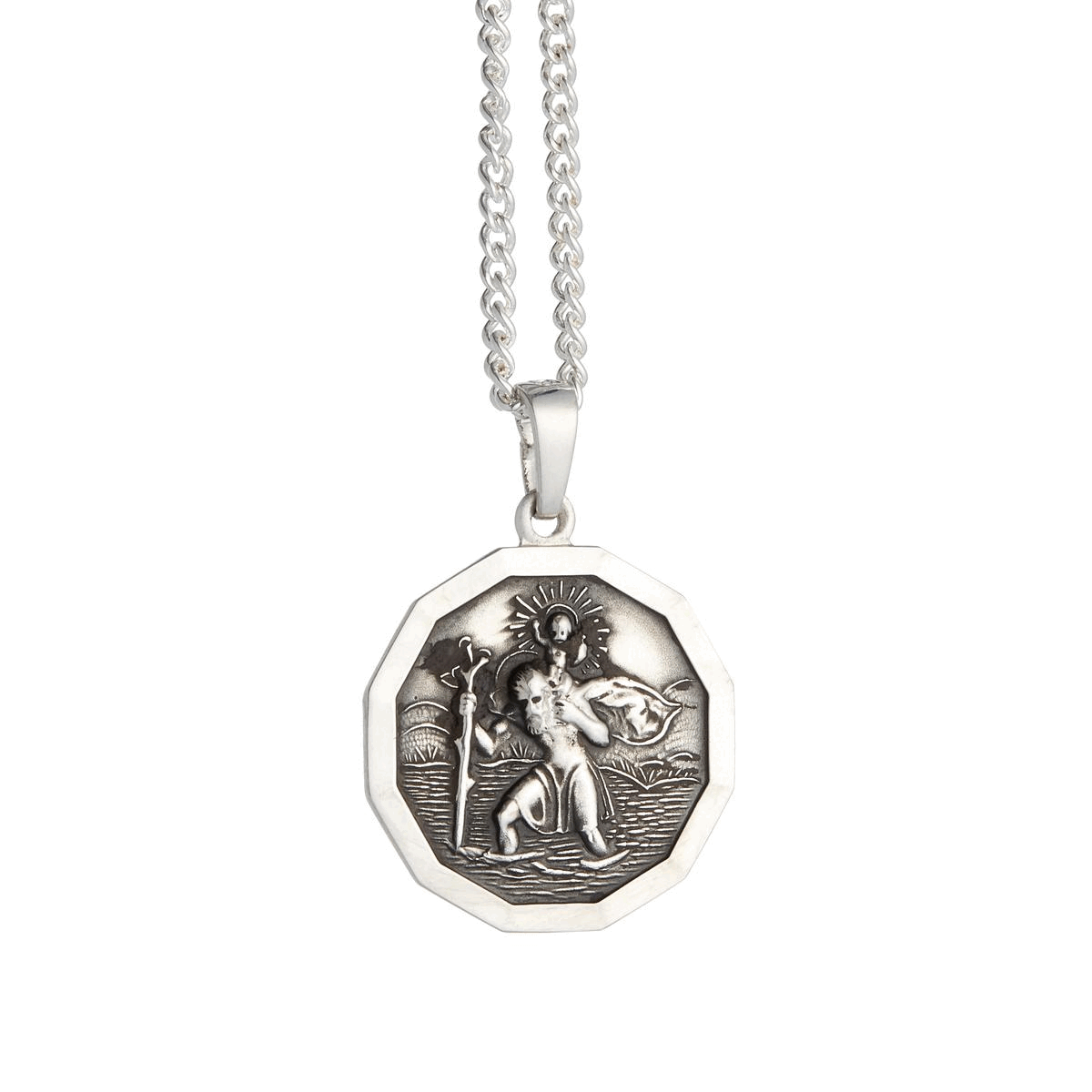 small 12 sided silver saint christopher necklace for men travel gift