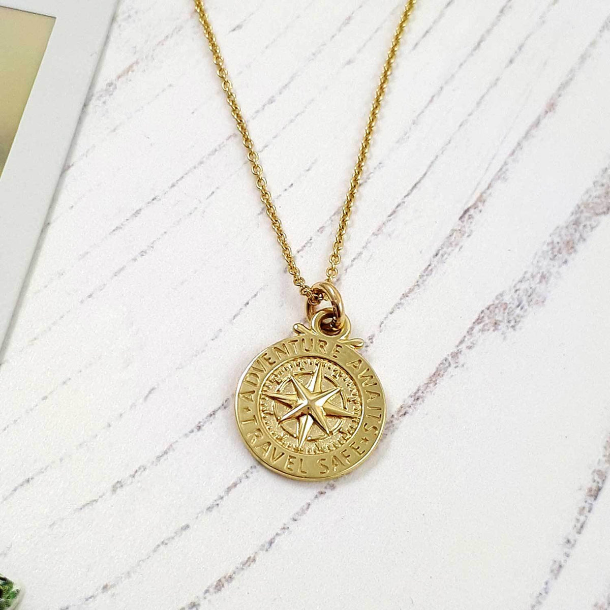 Solid gold women&#39;s st compass necklace, alternative to a St Christopher. Travel Safe Off The Map Jewellery 