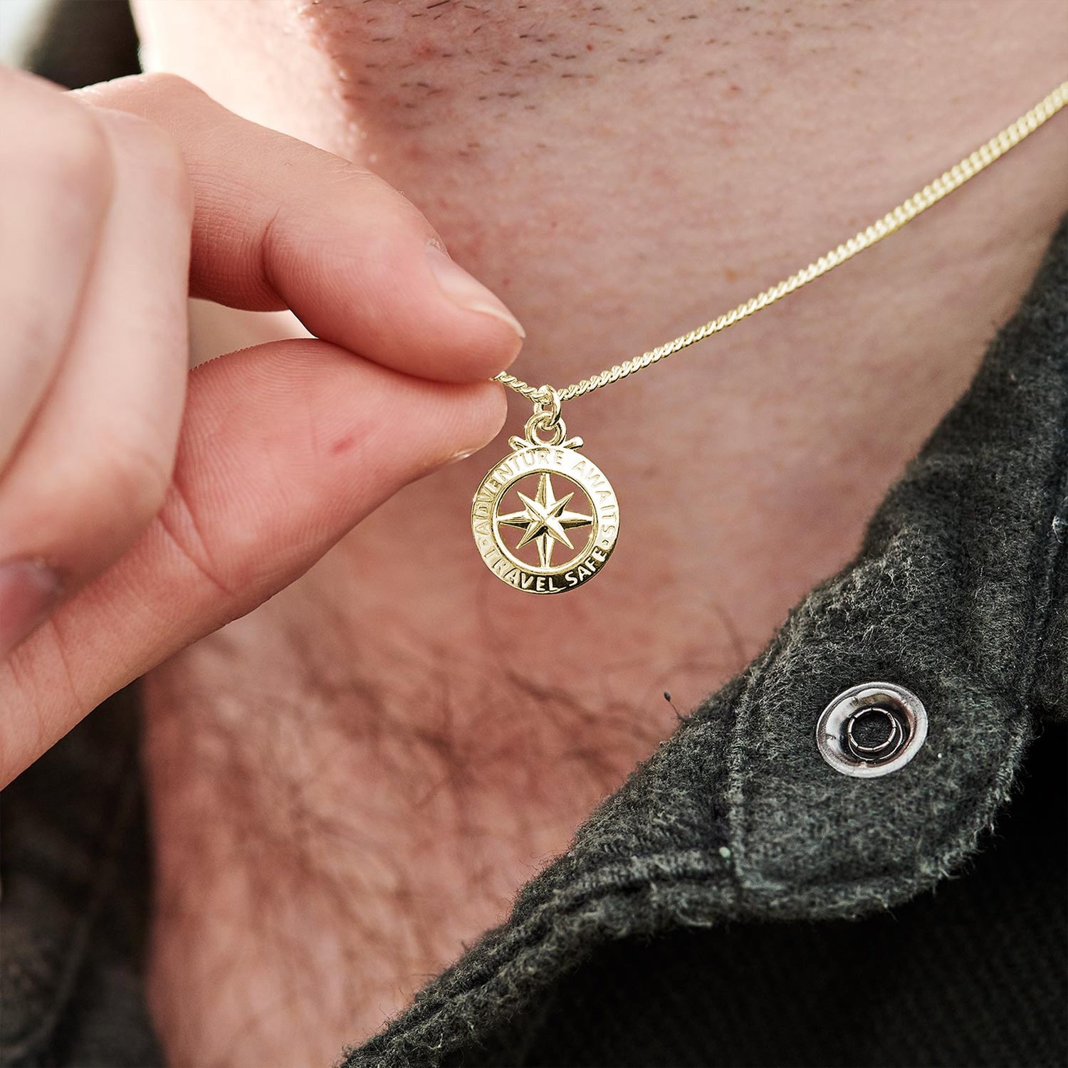 Travel Safe Outline Compass Small Solid Gold Necklace - Necklaces from Off The Map Jewellery