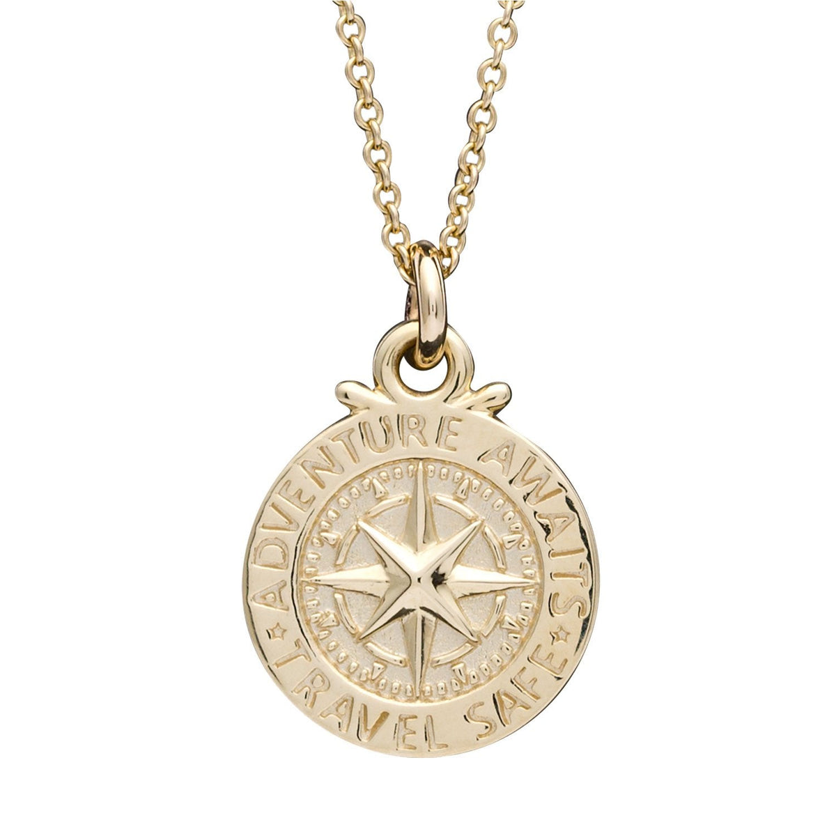 Solid gold women&#39;s compass necklace, alternative to a St Christopher. Travel Safe Off The Map Jewellery 