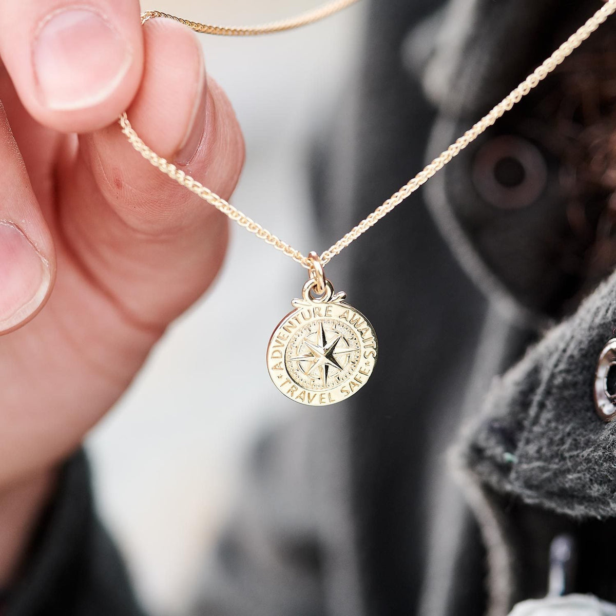 Solid gold unisex compass necklace, alternative to a St Christopher. Travel Safe Off The Map Jewellery 