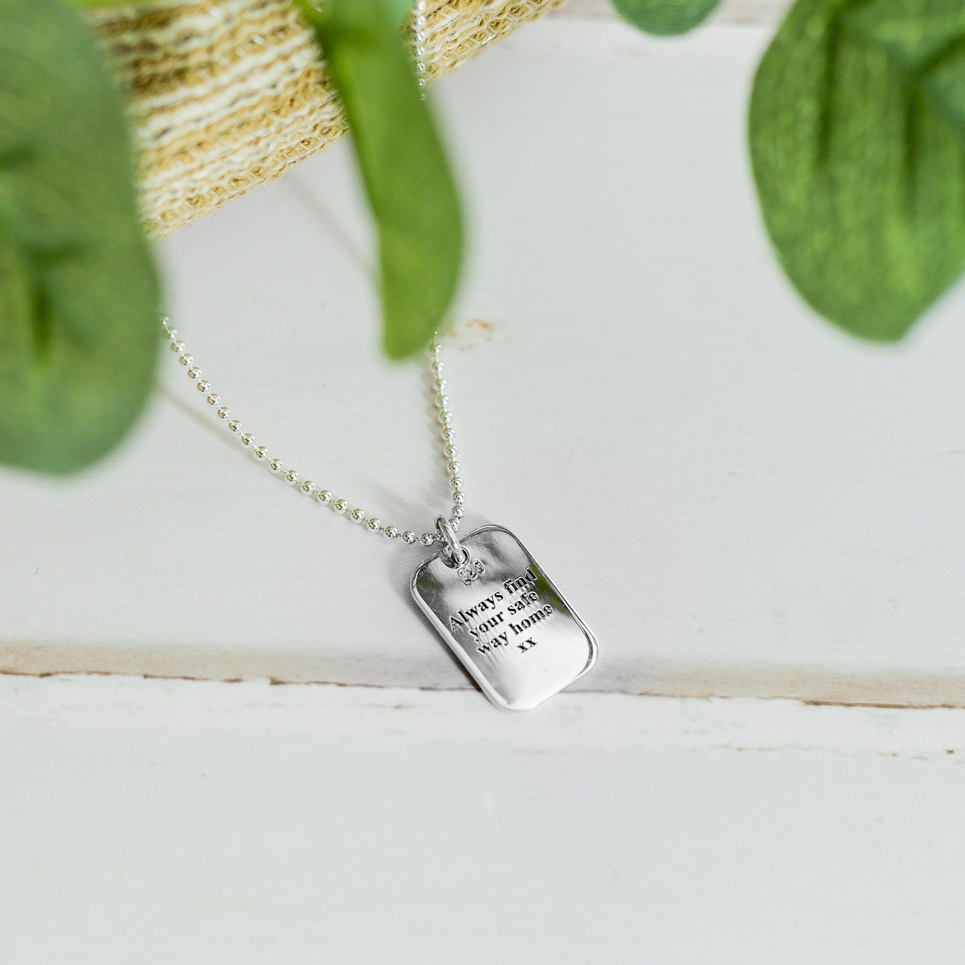 silver small dog tag mens necklace engraved stay safe