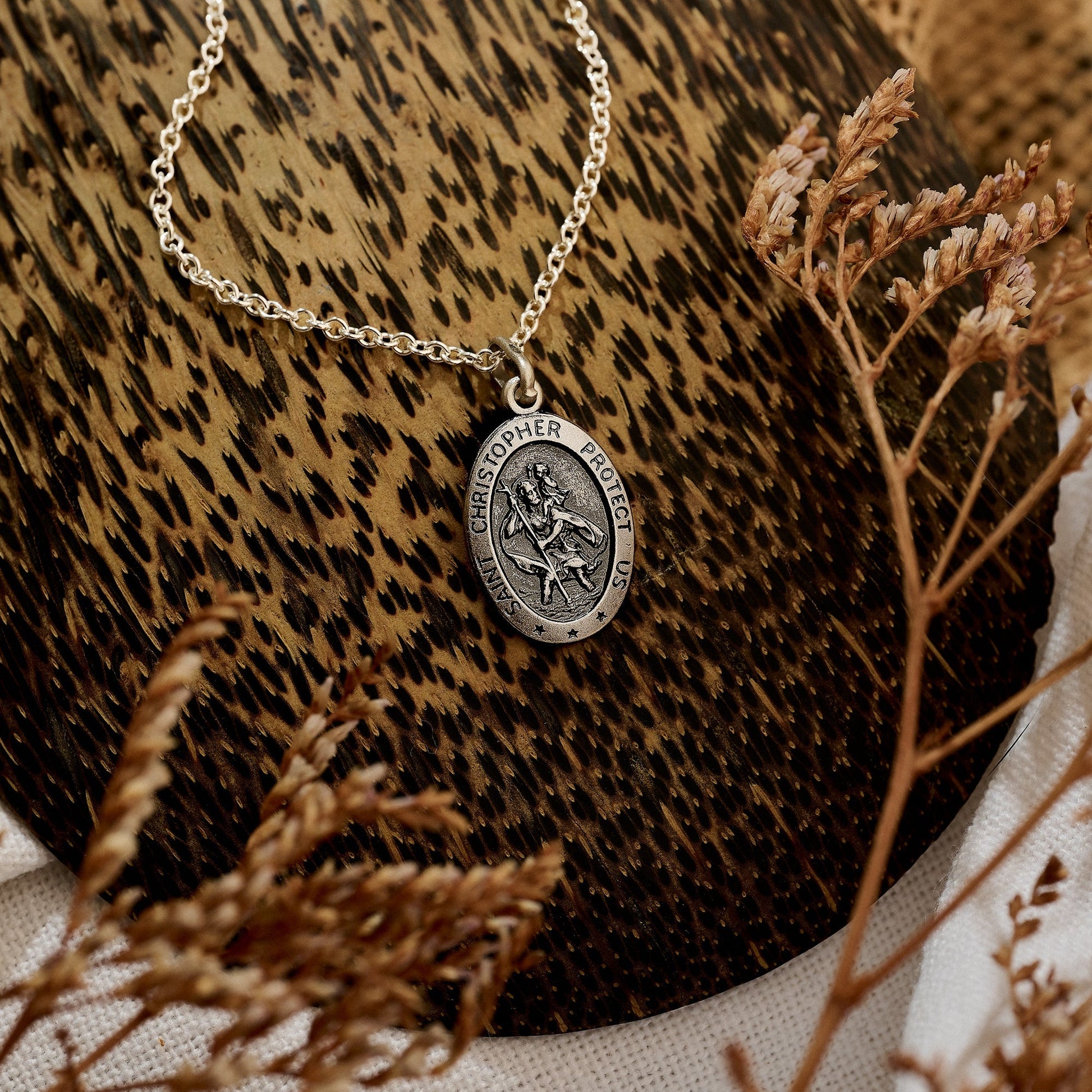 small vintage style oval oxidised st christopher necklace