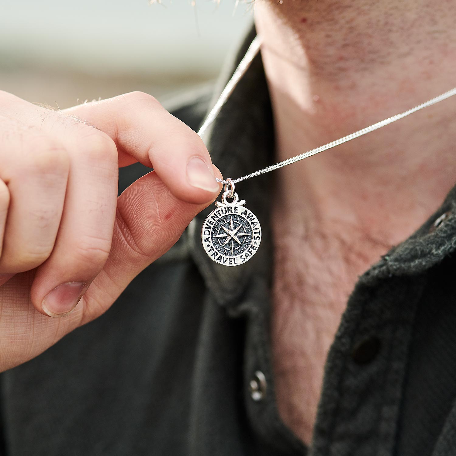 mens silver travel safe gift necklace adventure pendant