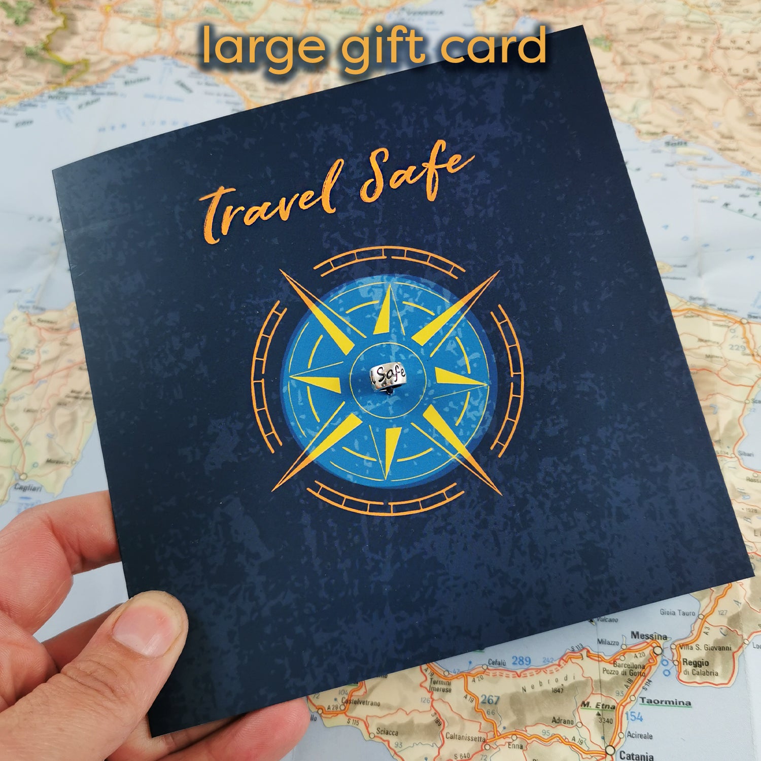 Travel safe gift card for someone going travelling with silver charm that fits Pandora bracelets