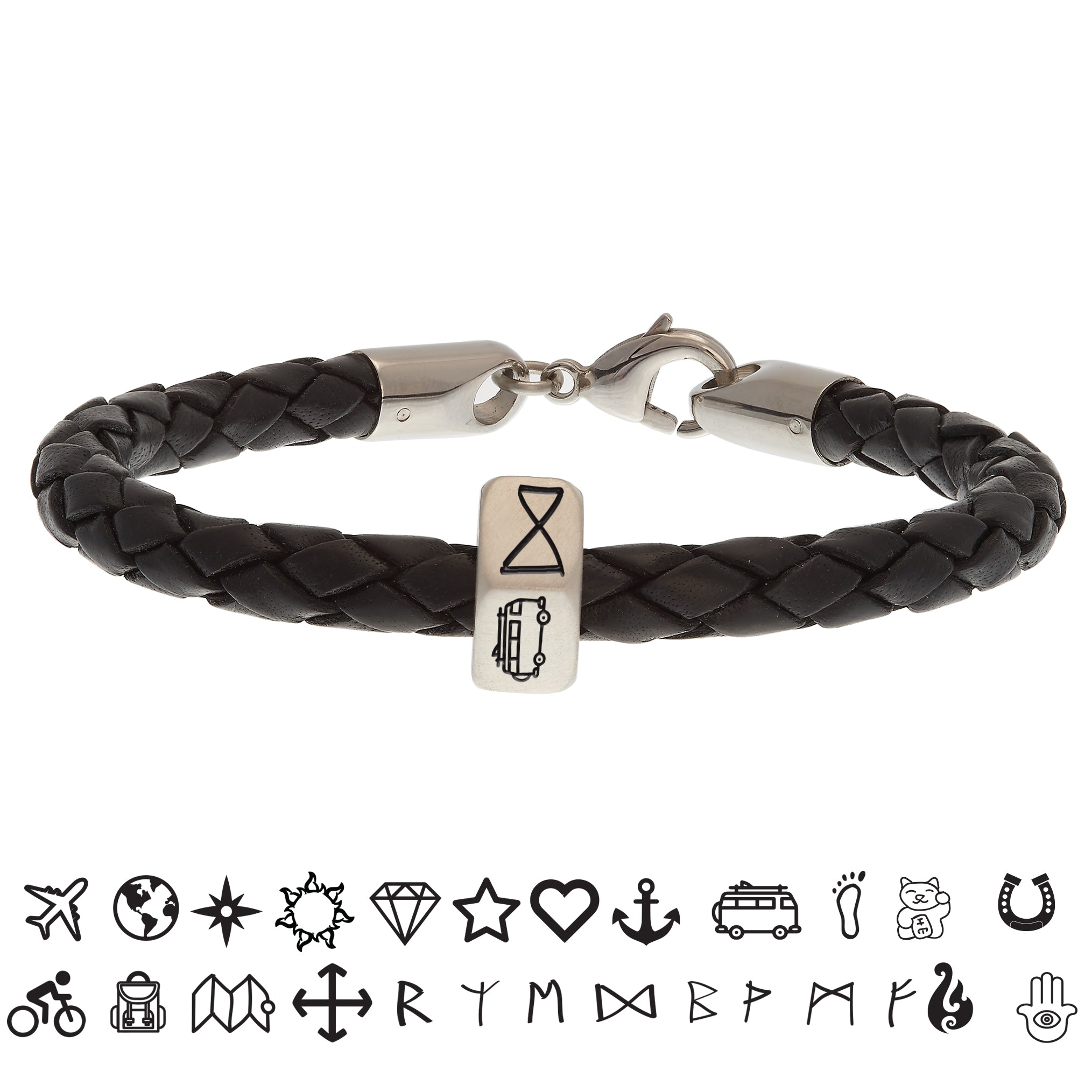 Custom Travel Symbols Silver and Leather Bracelet