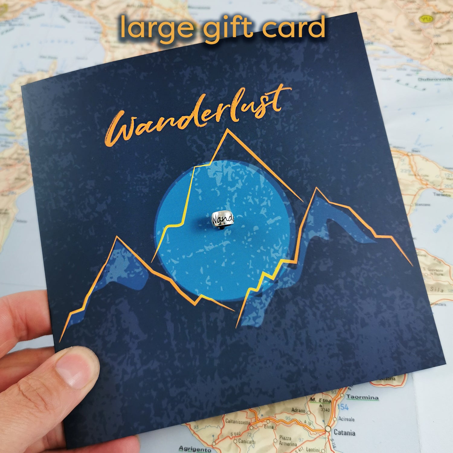 Wanderlust gift card with silver charm going away travelling gift